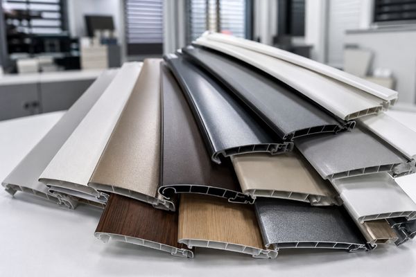 Muestrario de lamas de persiana de aluminio y PVC en distintos colores