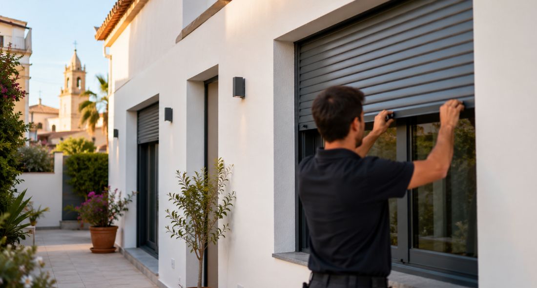 Técnico ajustando una persiana de aluminio gris en una vivienda de Vilanova i la Geltrú