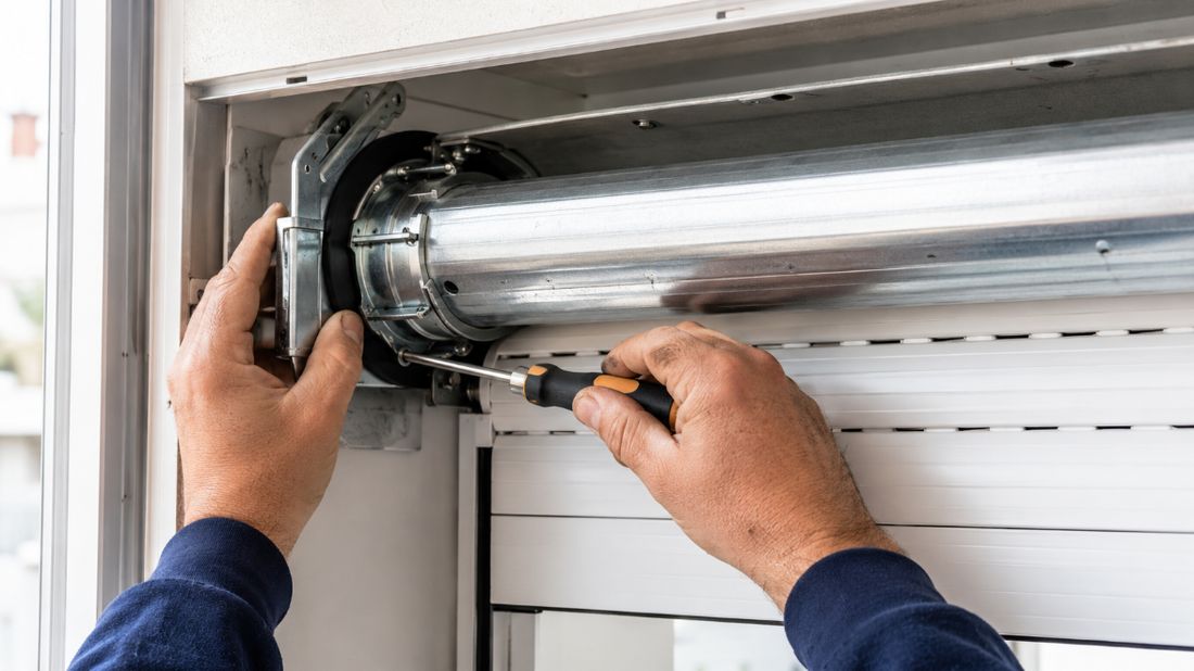 Técnico reparando el motor de una persiana desde el cajón con un destornillador